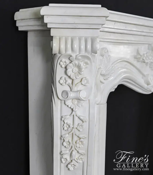 Ornate Floral Fireplace Mantel In Statuary White Marble - MFP-1140